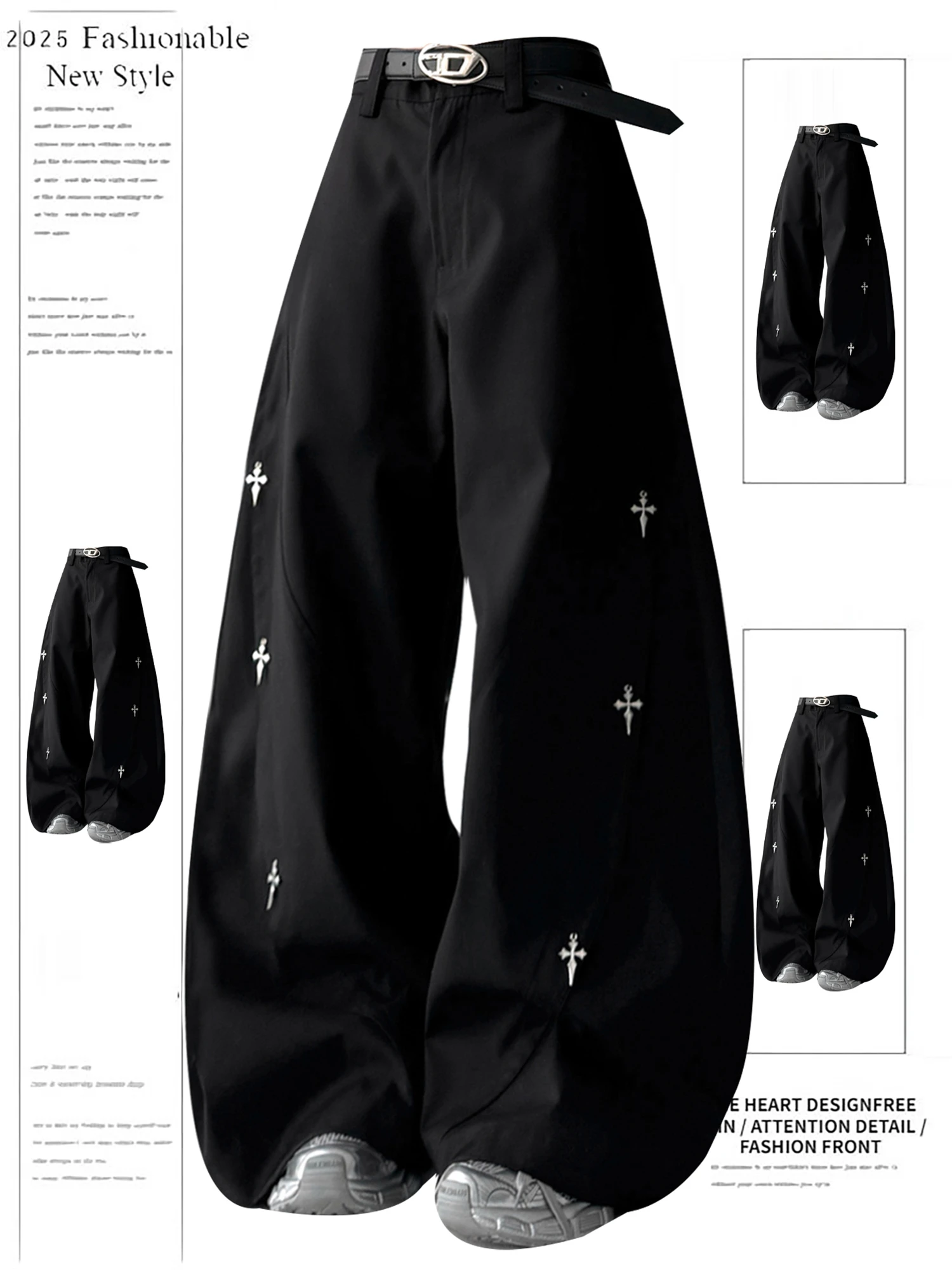 

Y2K Women's Black Wide Leg Pants 2025 New Fashion Cross Embroidery High Waist Loose Gothic Casual Streetwear Trousers