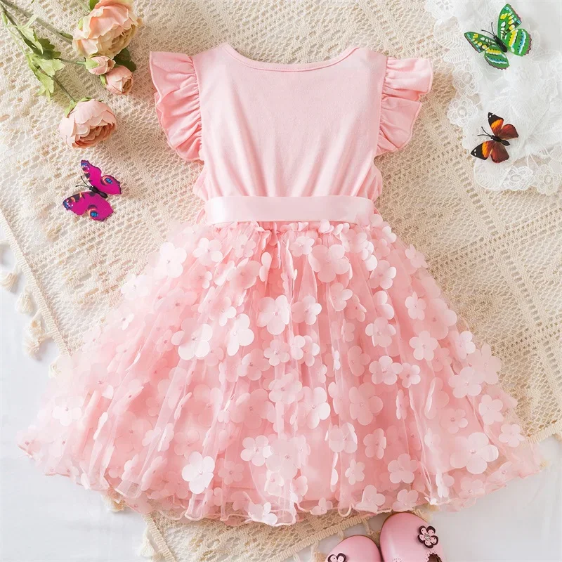 2024 New Summer Dress for Baby Girls 2-6 Years 3D Flower Fly Sleeves Kids Birthday Princess Dress Elegant Wedding Party Dress