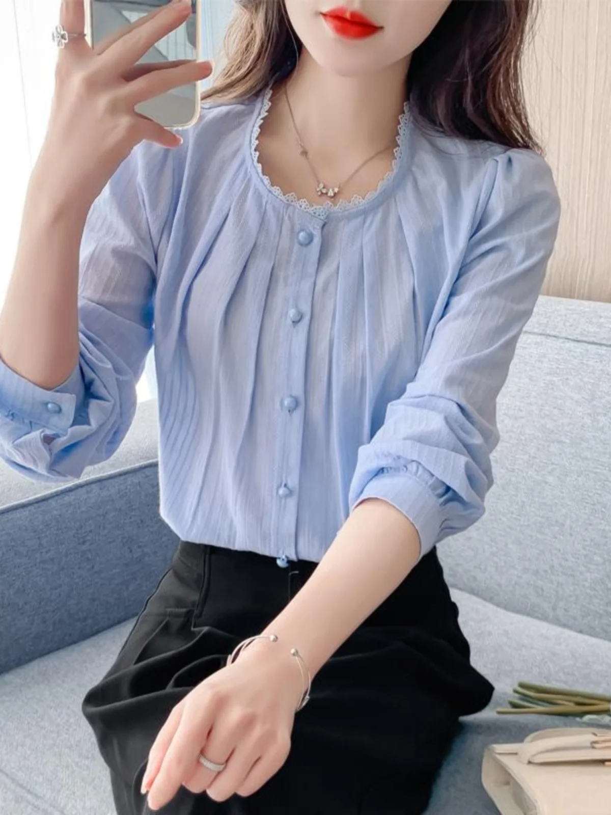 Camiseta de algodón puro de manga larga con cuello redondo y encaje para mujer, nueva colección de primavera, para uso interior y exterior, estilo casual.