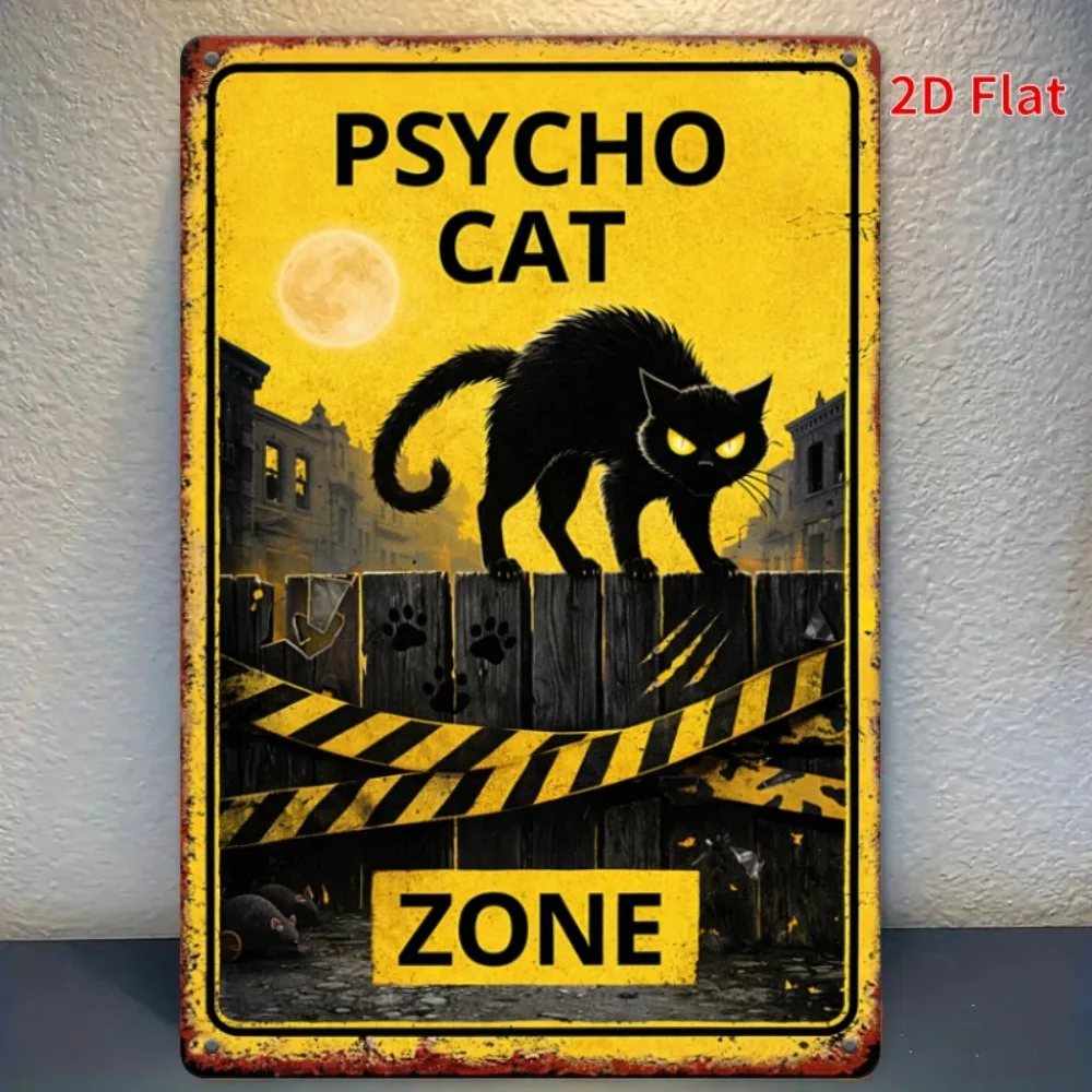 Halloween Psycho Cat Metall-Wandschild, 11,8 x 7,9 Zoll, rustikale Eisenkunstdekoration für gruselige Partys und Katzenliebhaber