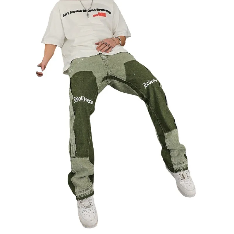 American High Street Heavy Industry Washed Jeans Retro Lumberjack Splicing Flared Pants Tide Baggy-Jeans für Herren