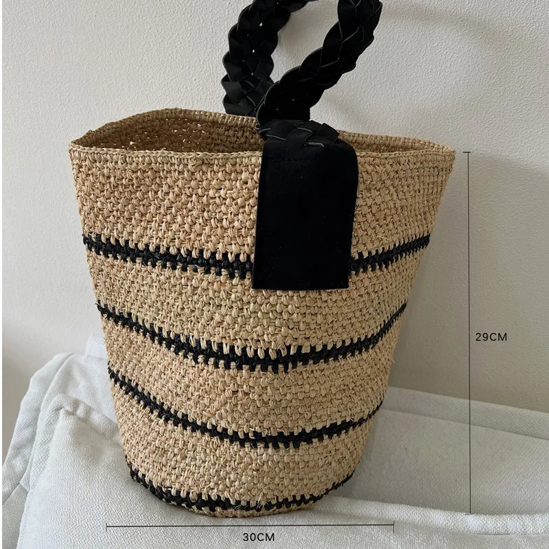 2026 Luxury Retro Natural Raffia Straw Woven Bucket Handbag Brand Women's Summer  Beach Bag Laffite Grass Striped Tote Bag