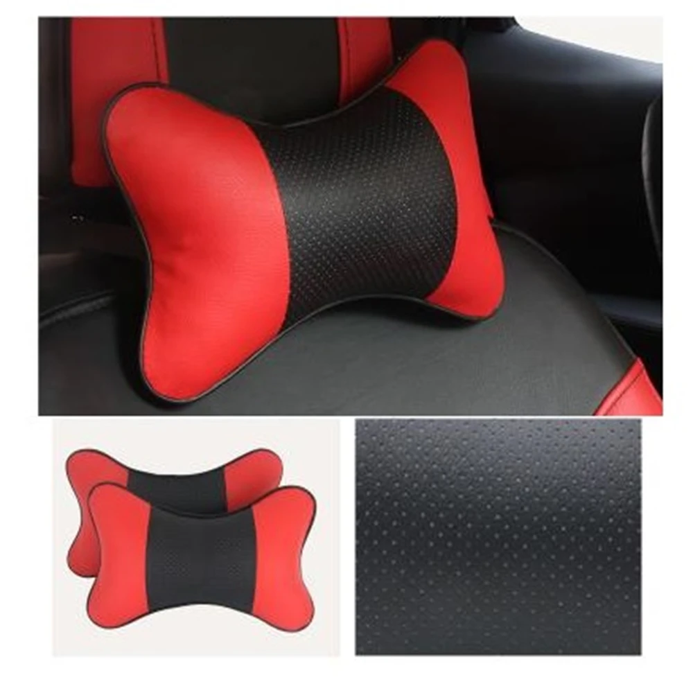 Universal 2 Pieces Car Neck Pillows Both Side Pu Leather Pack Headrest for Head Pain Relief Filled Fiber Car Pillow Neck Pillows