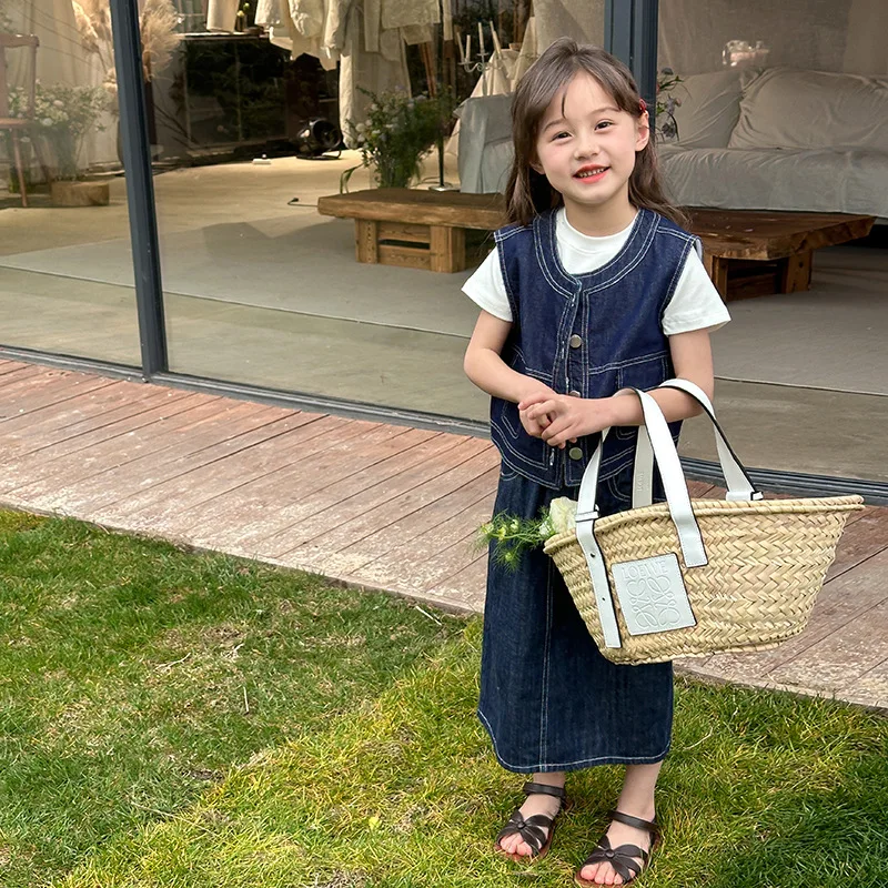 

Girls Blouse 2024 Summer New Childrens Clothing Korean Style Girl Baby Fashion Denim Vest Casual Simple and All-matching