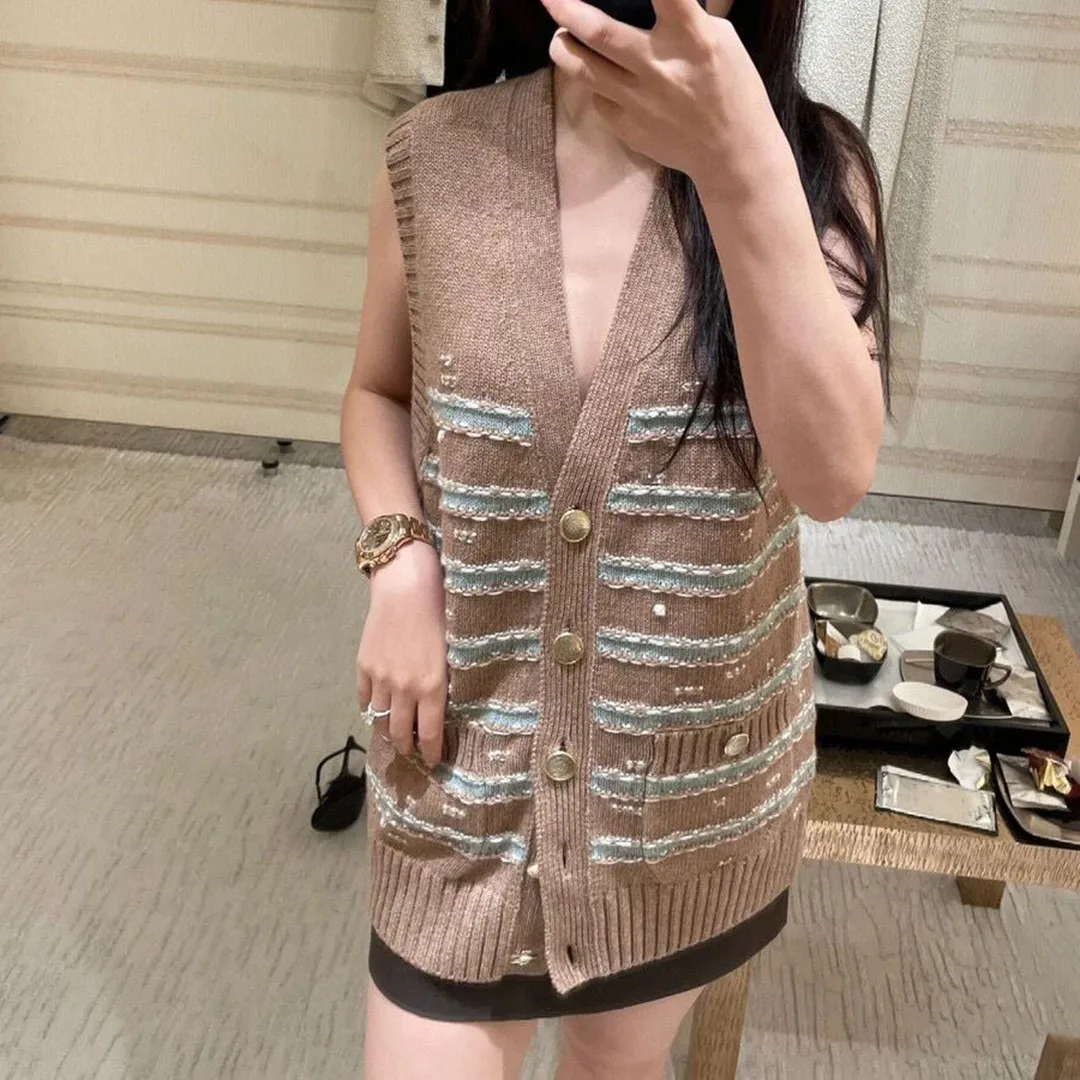 2024 New Fashion Color Blocking Stripes Knitting Vest Women's Sweater V-neck Single Breasted Sleeveless Pockets Tank Cardigans