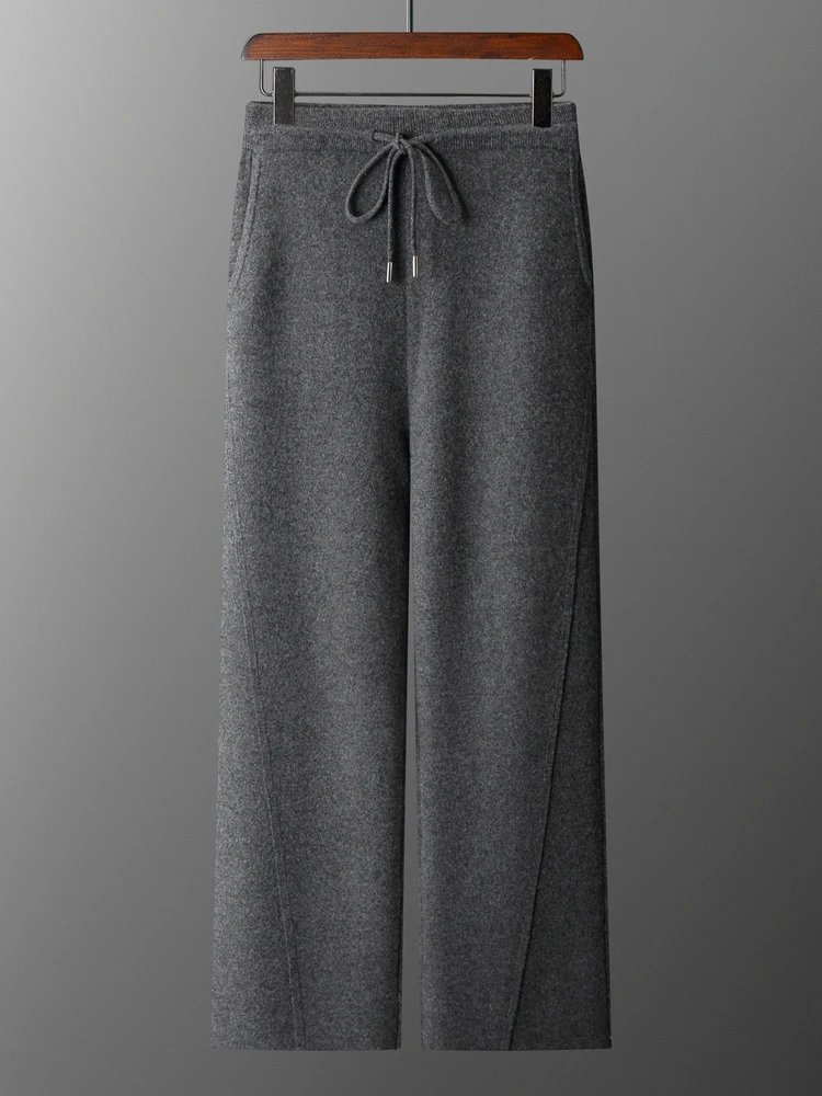 Commut Bend Knife Pants Autumn Winter Trousers Men's Wide Leg Pants 100% Merino Wool Pants Casual Warm Knit Straight Sweat Pants