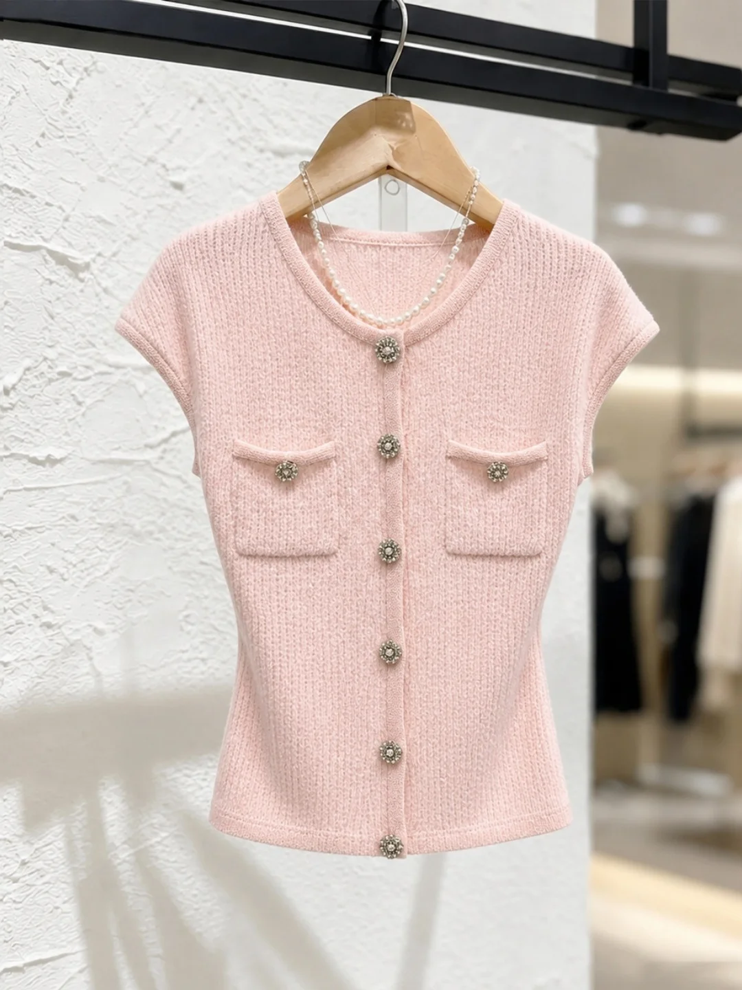 

Elegant Ice Silk Knitted Top Women's Fashionable Versatile Gentle Style Sweet Youthful Summer Design Button Detail round Neck...
