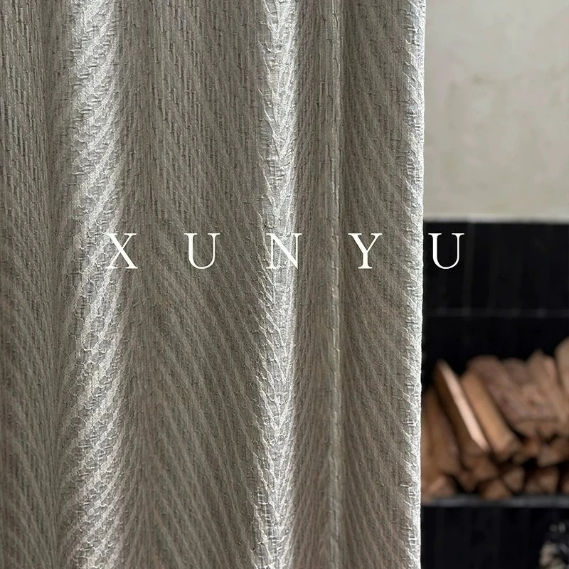 New Linen Textured Custom Grey Vertical Stripe Jacquard Blackout Curtains for Living Room Bedroom French Window Finished Product
