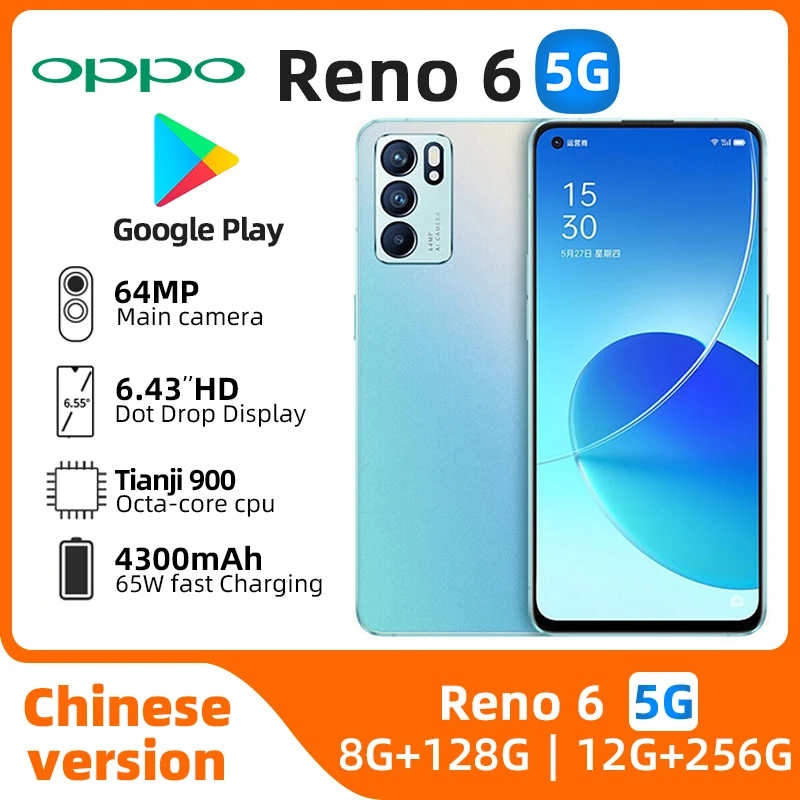 Oppo-Reno6 5g Androidスマートフォン,6.43インチ画面,12GB RAM, 256GB ROM,全色,良好な状態,オリジナル,中古