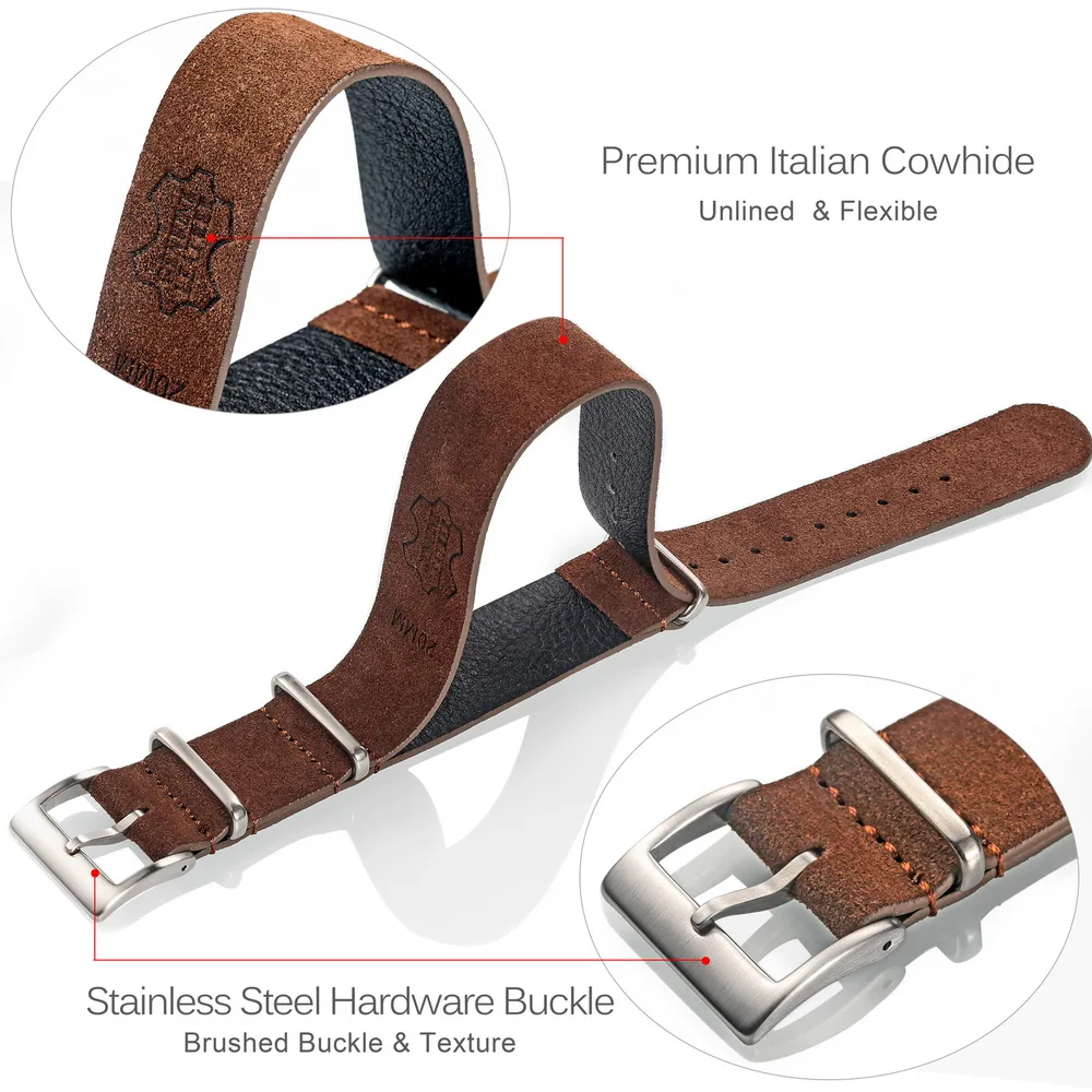 HEMSUT Genuine Leather Watch Band Suede One Piece Style Military Wrist Strap Vintage 18 20 22mm Replacement Wrap for Men Women