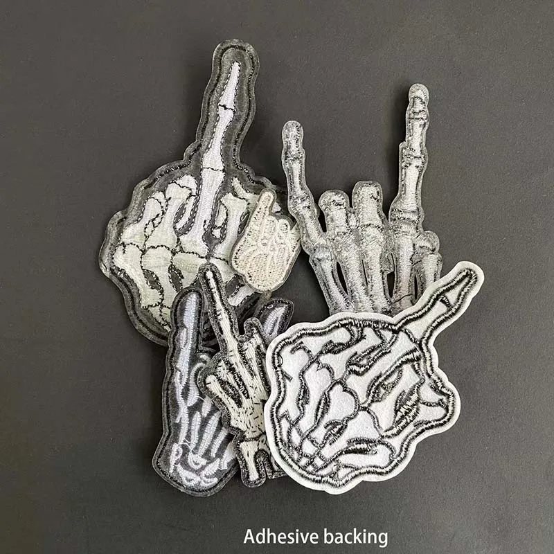 12 Stück/Schwarze Stoff-Applikationen Punk-Patches Thermoklebende Totenkopf-Geisterfinger-Stickereien Aufbügelbare Aufkleber für Kleidung, Jacken – Detail 4