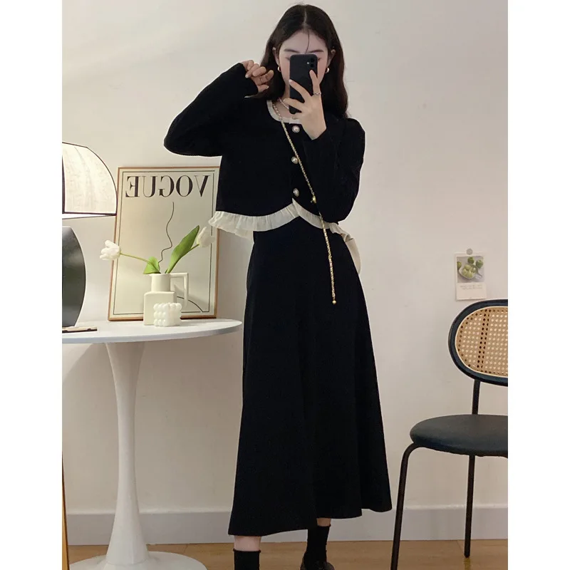 

Women's Corduroy Skirt Two Piece Set Elegant Flower Edge Patchwork Short Single-breasted Coat High Waist A-line Skirts Sets