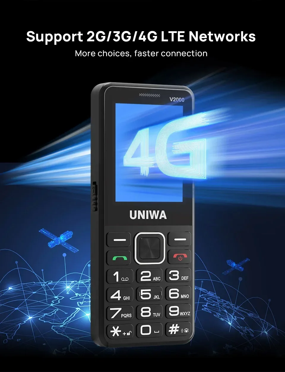 UNIWA V2000 4G Keypad Phone 2.4Inch Big Button Loud Volume 0.3MP Camera 1700mAh Russia Hebrew Keyboard Feature Phones Elderly