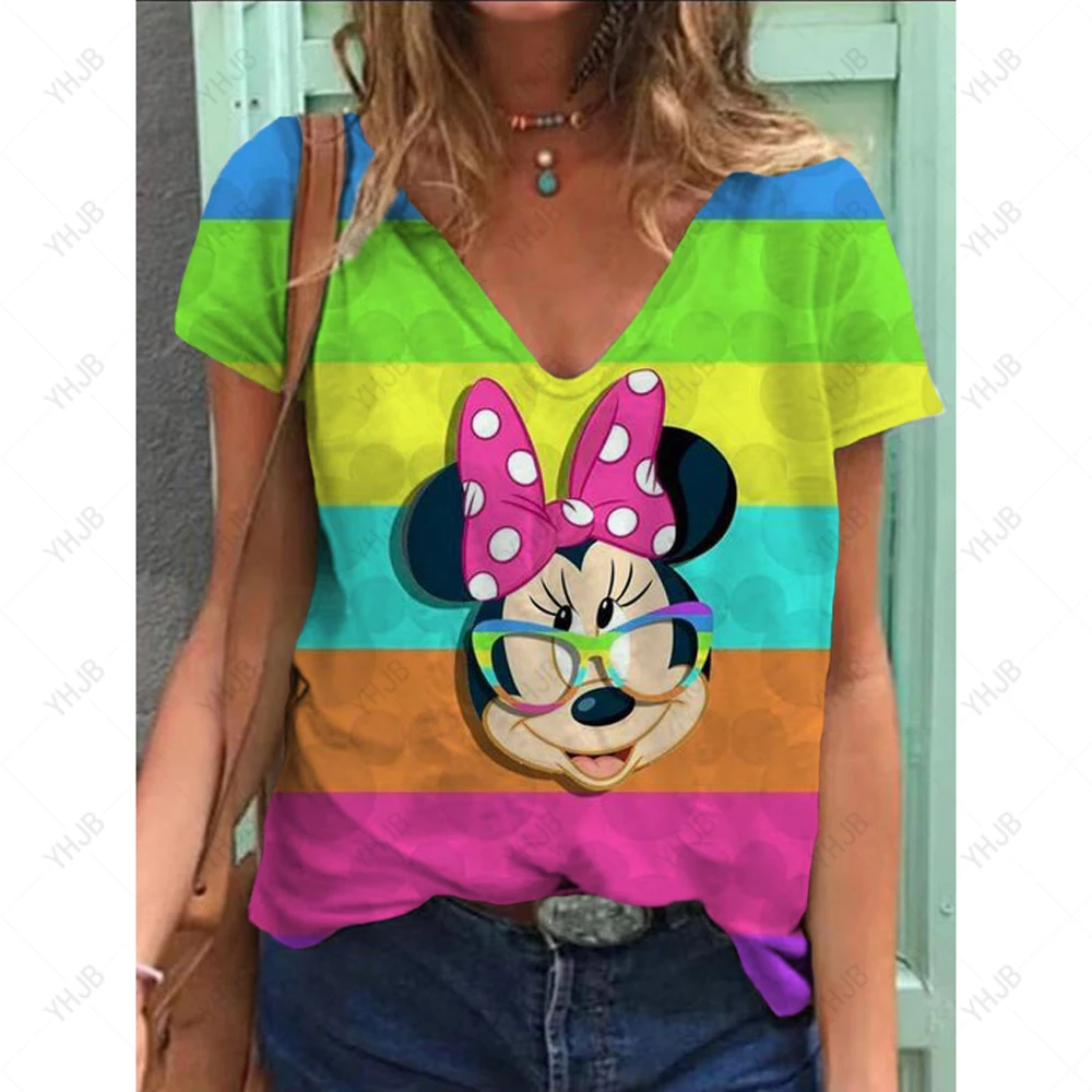 Summer Women Short Sleeve V-neck Loose T Shirt for Women Fashion Ladies T-shirt 3d Disney Mickey Mouse Print Top Casual Clothes