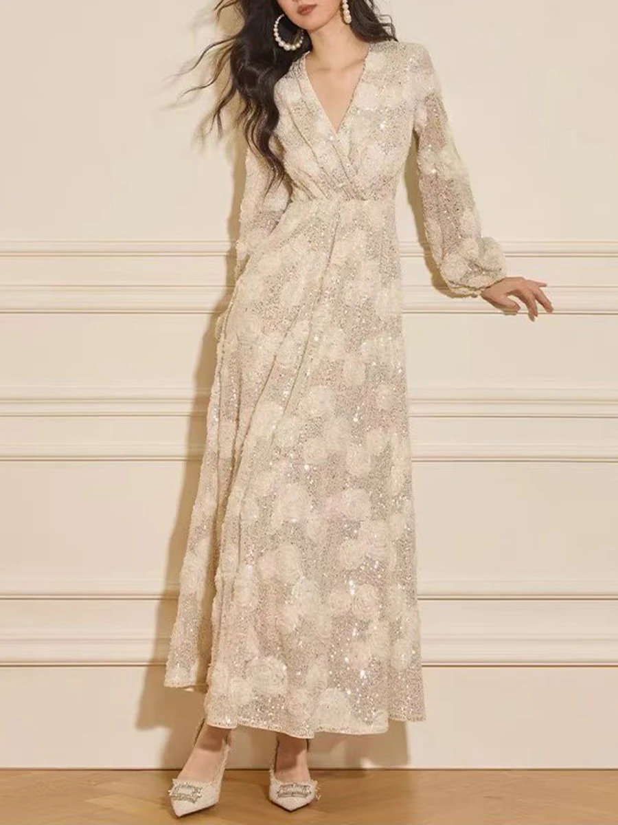 VGH فستان وردي ثلاثي الأبعاد مثير للنساء بياقة على شكل V وأكمام طويلة مرقع ترتر للتخسيس والحفلات المسائية فساتين طويلة موضة نسائية