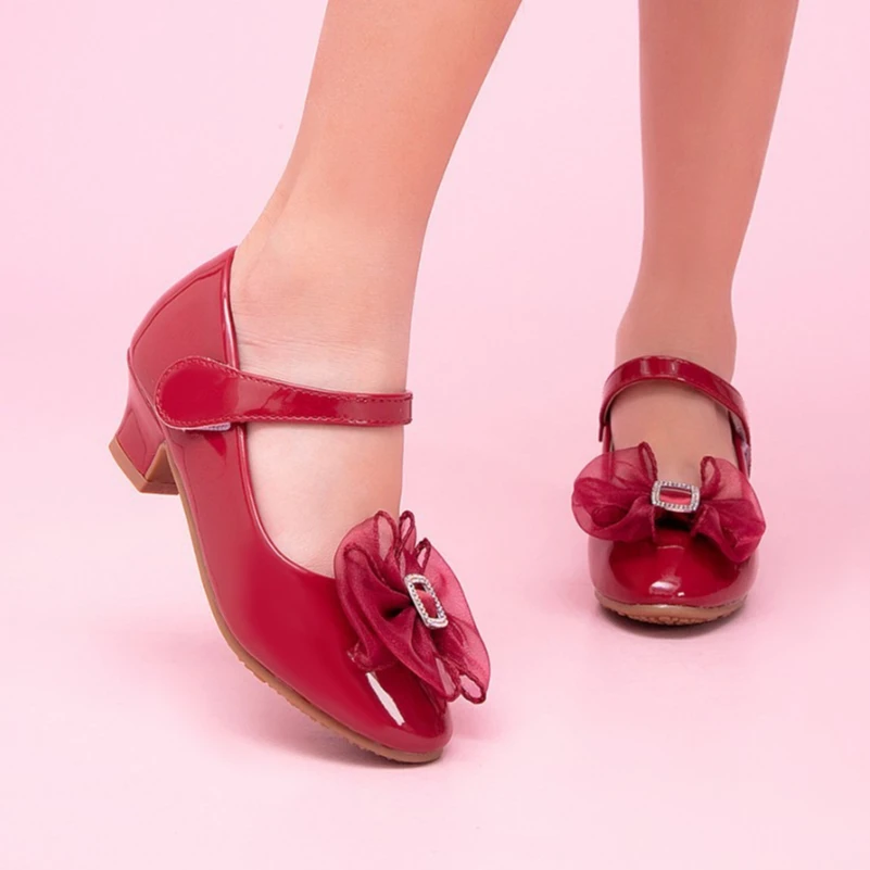 Elegant Children's Red High Heel Shoes Lovely Bow Classic Girl's Princess Leather Shoes for Kids Catwalk Stage Performance Wear