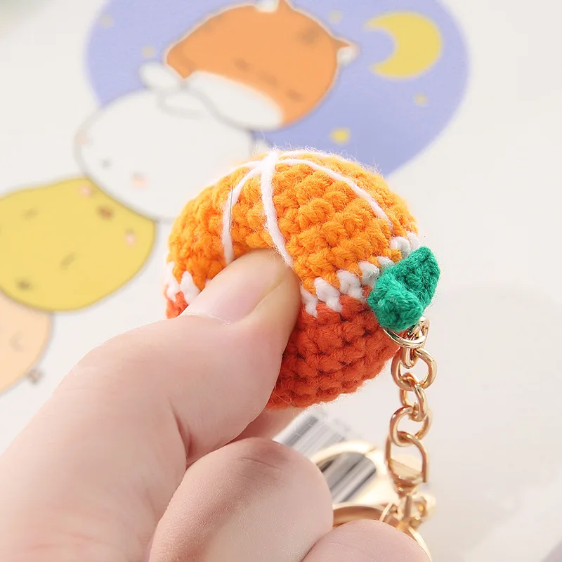 Women Creative Crocheted Cartoon Knitting Pendant Keyring Fruit Keychain Cute Knitted Donut Doll Car Key Holder