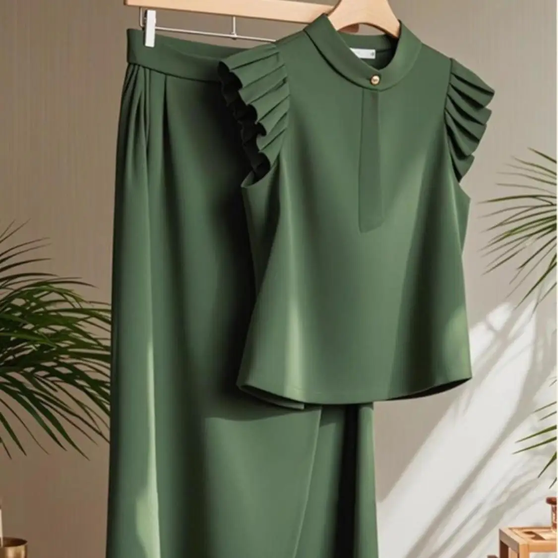 

Summer Fashionable Ruffles Solid Color O-neck Sleeveless Two-piece Suit Female 2025 Ladies Temperament Buttons High Waist Sets