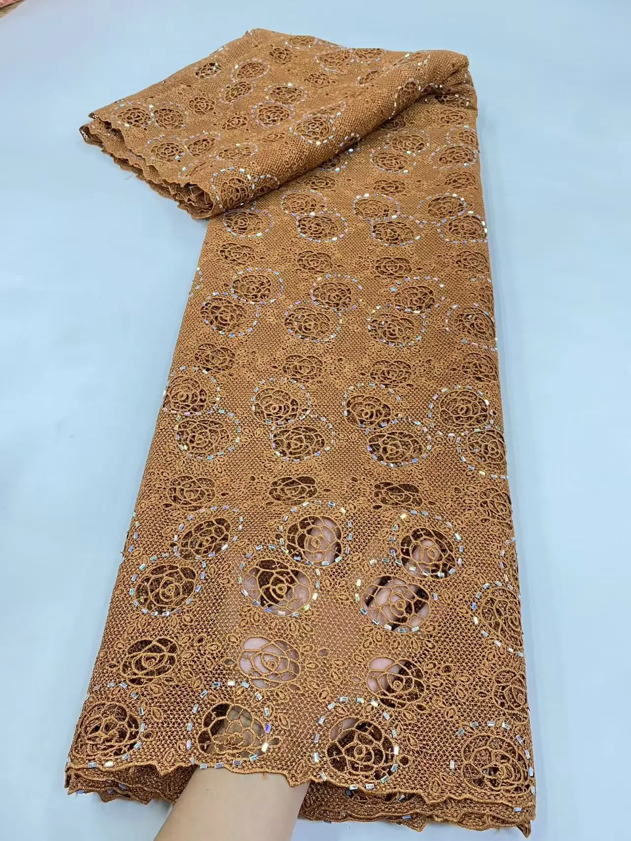 

African Chiffon Orange Lace Fabric 2025 High Quality Nigerian Stone Lace Fabric Groom Chiffon French Bride Wedding Dress Hm208-1