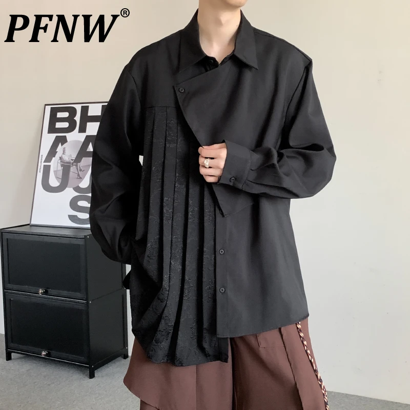 

PFNW Japan Style Black Pleated Men's Shirts Autumn 2024 New Irregular Splicing Design Long Sleeved Shirt Loose Fit Tops 12C1224