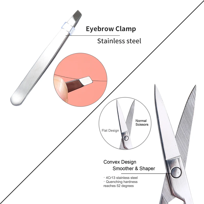 3-em-1 conjunto de ferramentas de maquiagem lâmina curvada tesoura, aparador, pinças beleza aço inoxidável cílios sobrancelha nariz removedor de pêlos navalha
