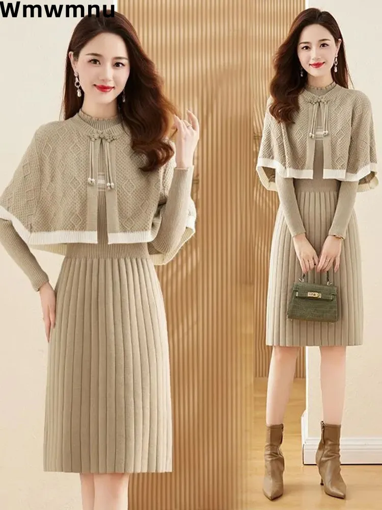 Elegant Soft Knitted Dress 2 Piece Set Vintage Lace Up  Women Ruffle Shawl Outfits Casual Long Sleeve Sweater Dresses Suits New