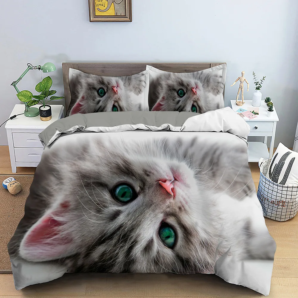 Lovely Cat Queen King Size Bedding Set Microfiber Polyester 3D Print Duvet Cover Set Girls Adults Comforter Cover Cute Animals