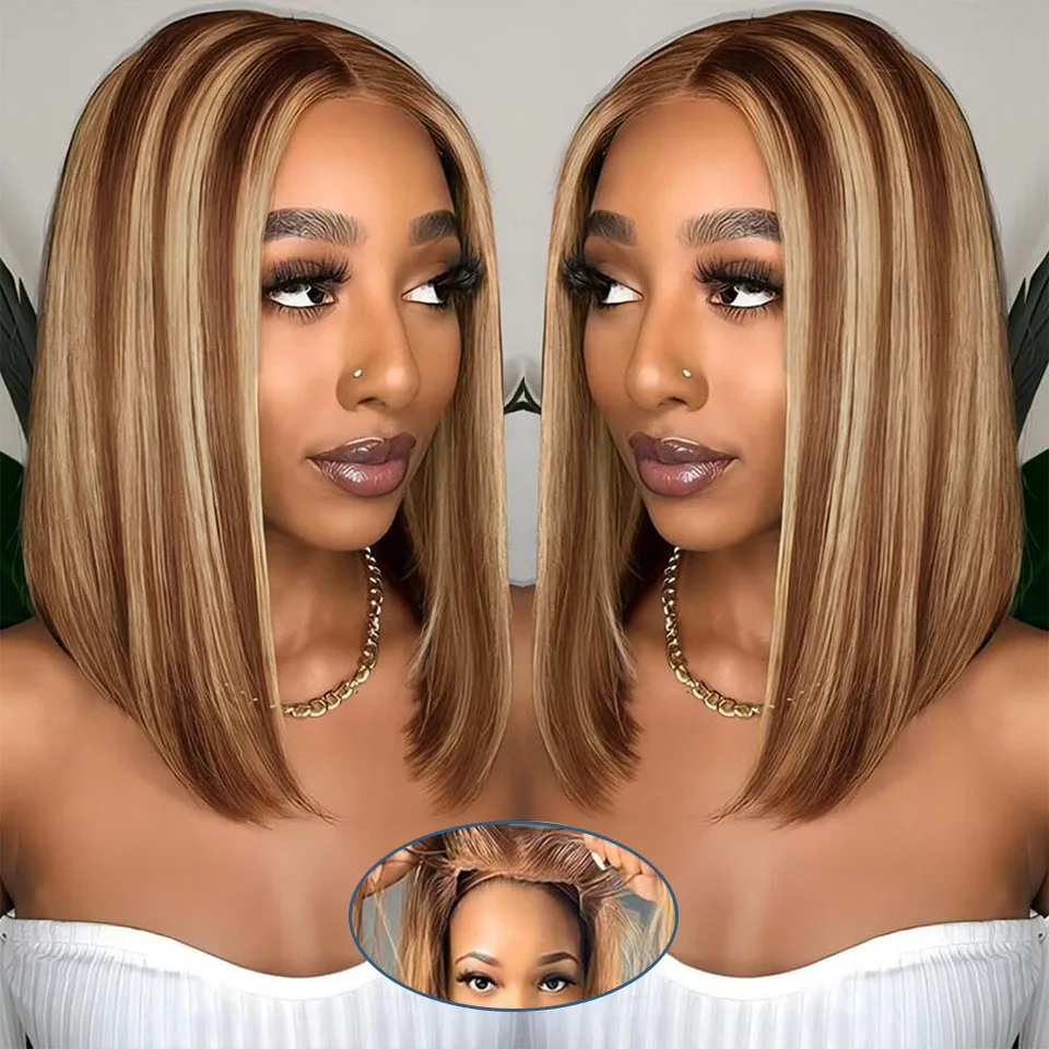 

Pre Cut Lace Honey Blond Straight Highlight Bob Wig Preplucked Wear And Go Glueless Straight Bob Wig Natural Hairline Density180