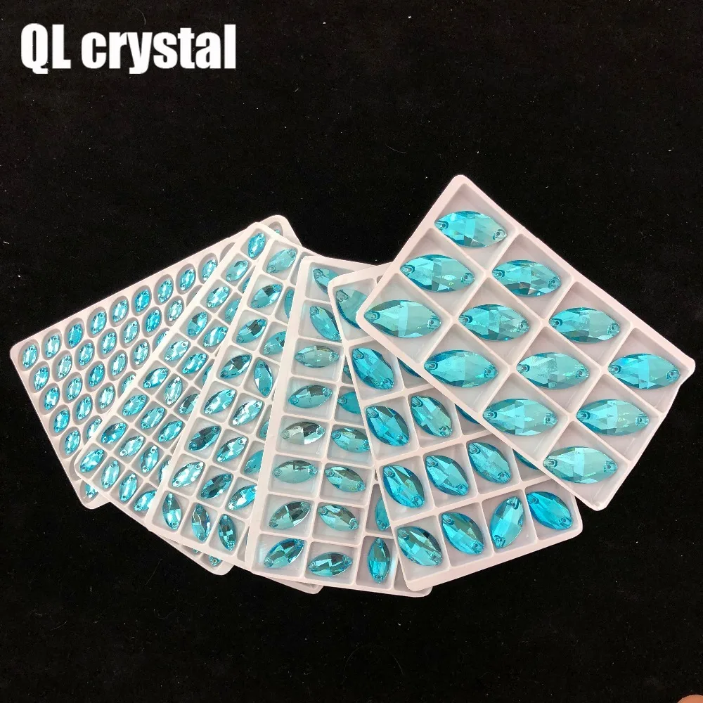 ALL Size Lake Blue Navette Sew on Crystal Rhinestones Flatback Marquise Sew on stone for Making wedding DIY  bags shose