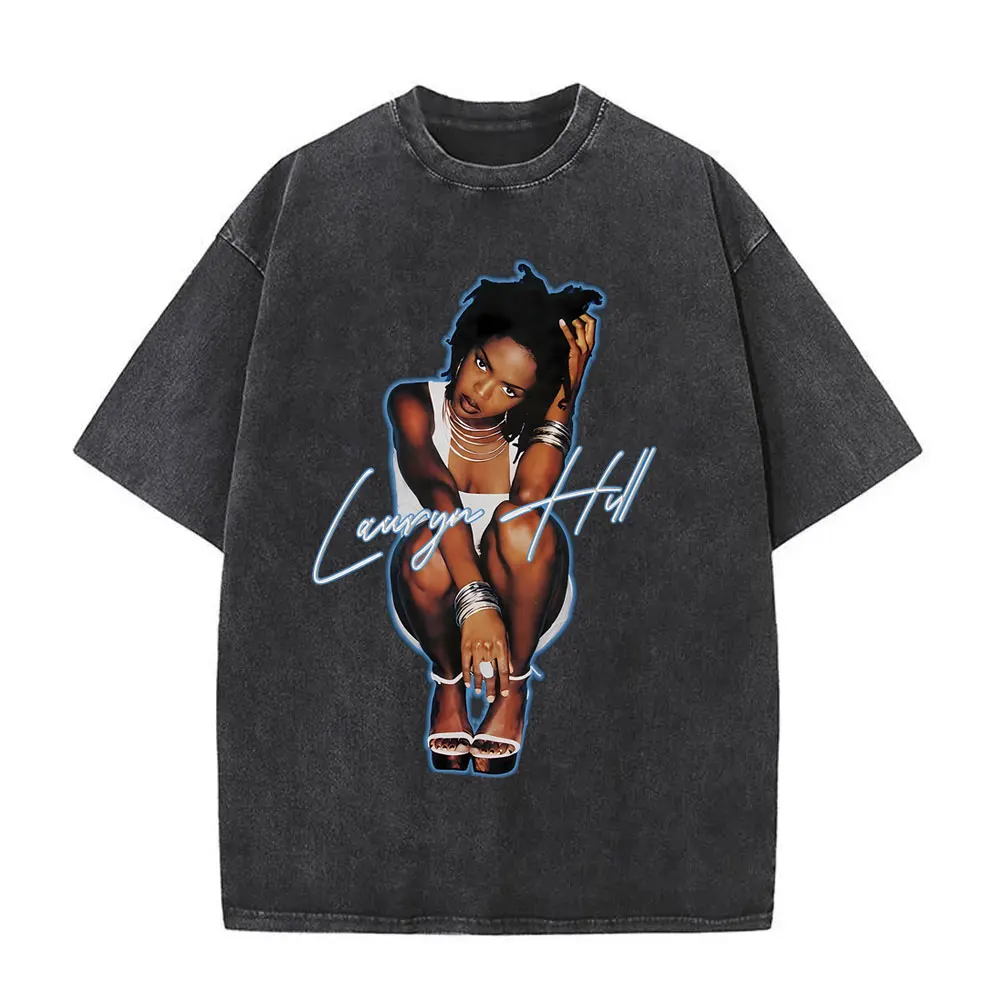 Washed Vintage Lauryn Hill T Shirt Summer Men Women Hip Hop Oversized Short Sleeve T-shirts Men's Fashion Pop Music Streetwear
