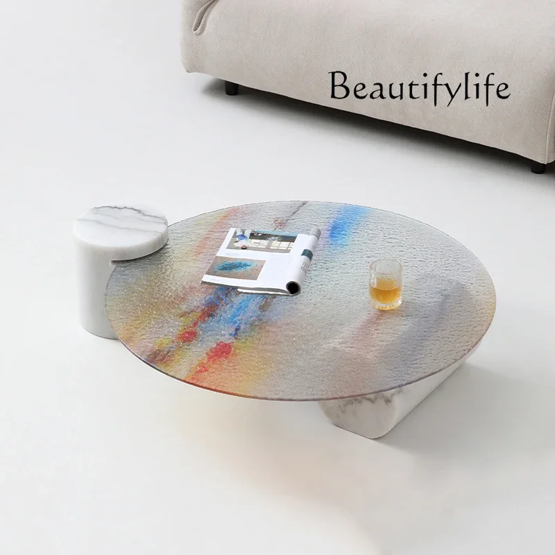 

X Water Ripple Glass Coffee Table Marble Living Room Minimalist Modern Household Round Coffee Table Light Luxury High-end