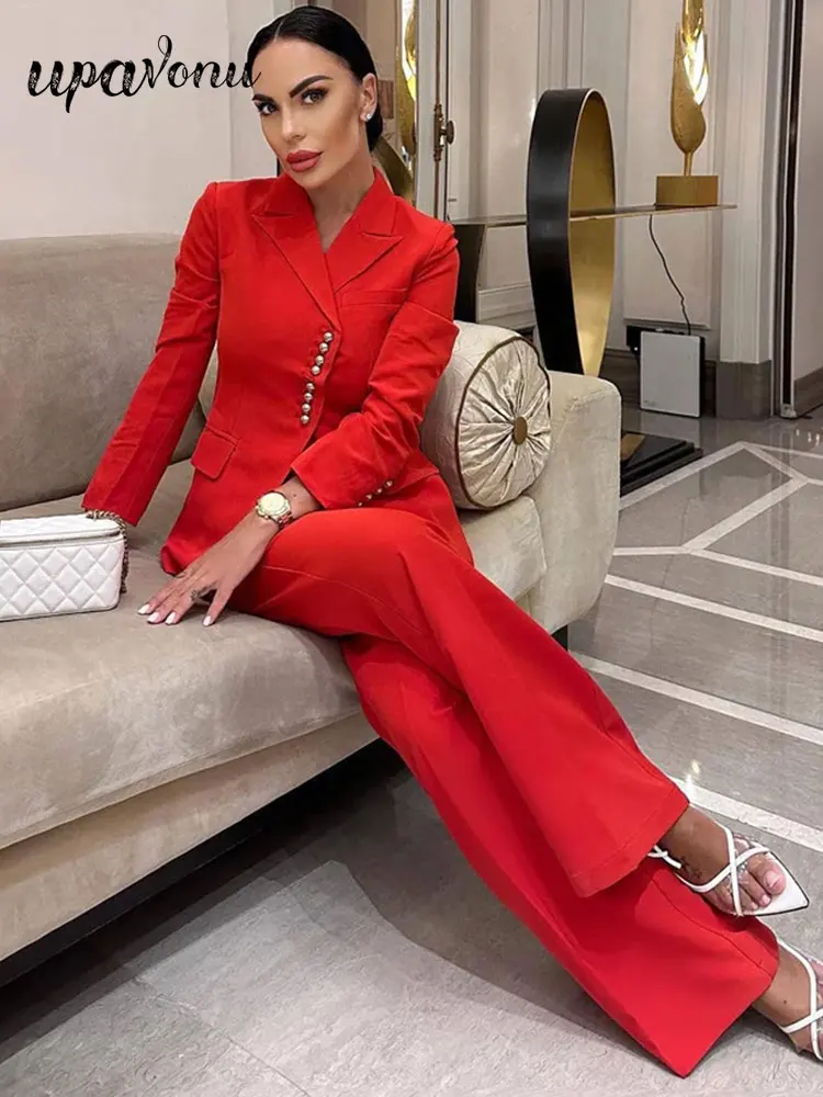 Autumn 2023 Elegant Women\'s Suit Coat+Pants Set Polo Collar Long Sleeve Single breasted Design Red Suit Coat Two Piece Set