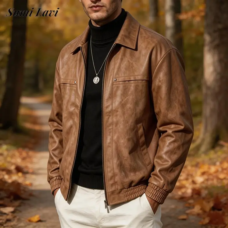 Fall Lapel Zip‑Up Outerwear For Men Daily Solid Color Suede Leather Long Sleeve Jacket Loose Fit Coat Fall Street Style Mens
