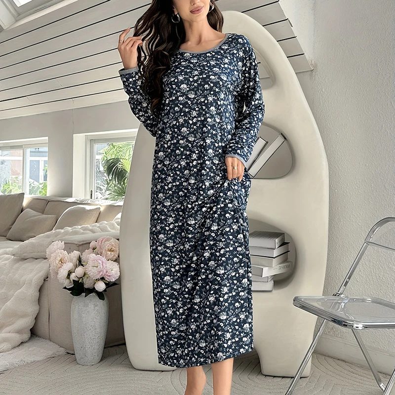 Comfortable Printed Pajamas for Women Long Sleeved Round Neck Loose Nightgown Soft Comfortable One Piece Nightgown Home Clothe