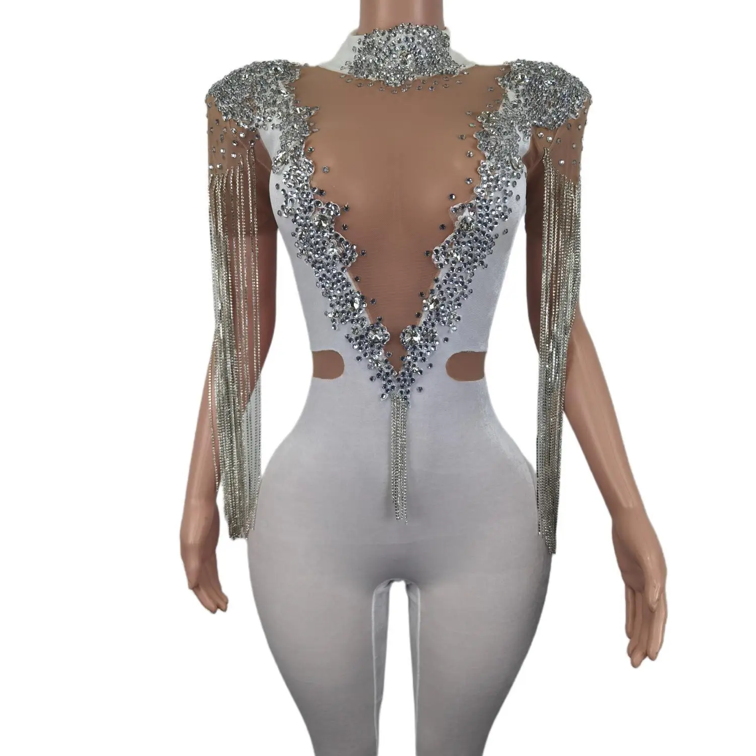 Cristais gola alta branco veludo macacão preto grils noite sexy correntes dança traje aniversário vestidos de festa à noite baivling