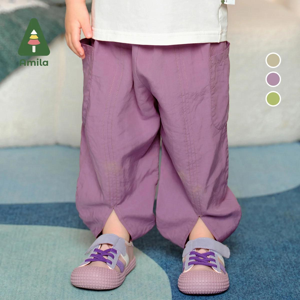 Amila 2024 Summer New Boys and Girls Bottom Kiwi Shape Solid Color Elastic Waist Loose Comfortable Breathable Trousers