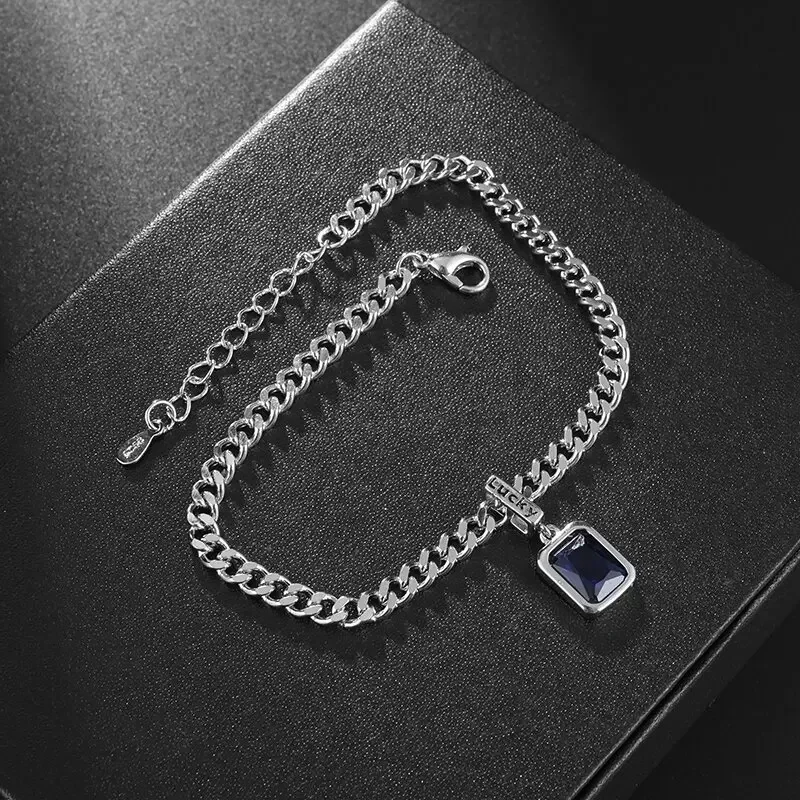 Silver Plated Square Blue Zirconia Bracelet Cuban Type Stainless Steel Bracelet Matching Party Favors Fine Jewelry for Women
