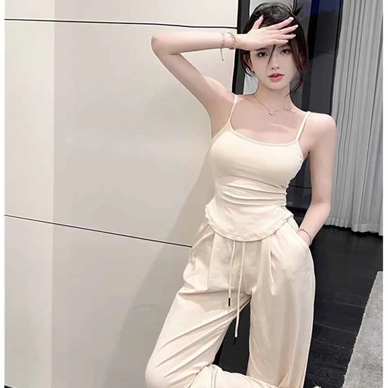 

Spring Women's Clothing Slim and Chic Style Suspender Bottom Top with High Waist Draw Cord Split Wide Leg Trousers Two-piece