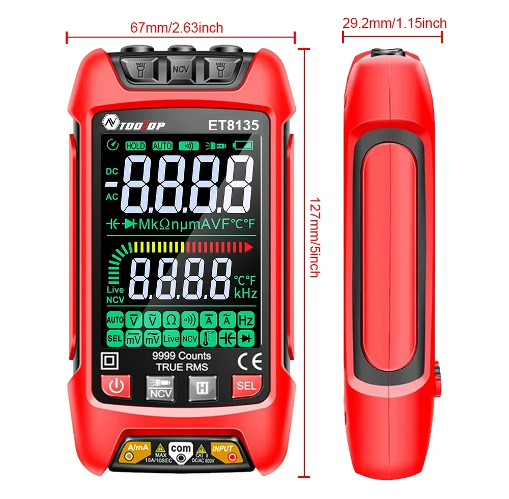 TOOLTOP ET8135 Color Screen Intelligent 9999 Counts True RMS Digital Multimeter AC DC Voltage Current Resistance Diode Hz Tester