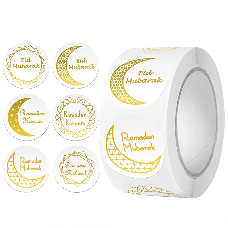 

500Pcs/roll Eid Mubarak Stickers Gold Labels for Home 2025 Ramadan Kareem Islam Muslim Party Eid Al Adha Gifts Ramadan Mubarak