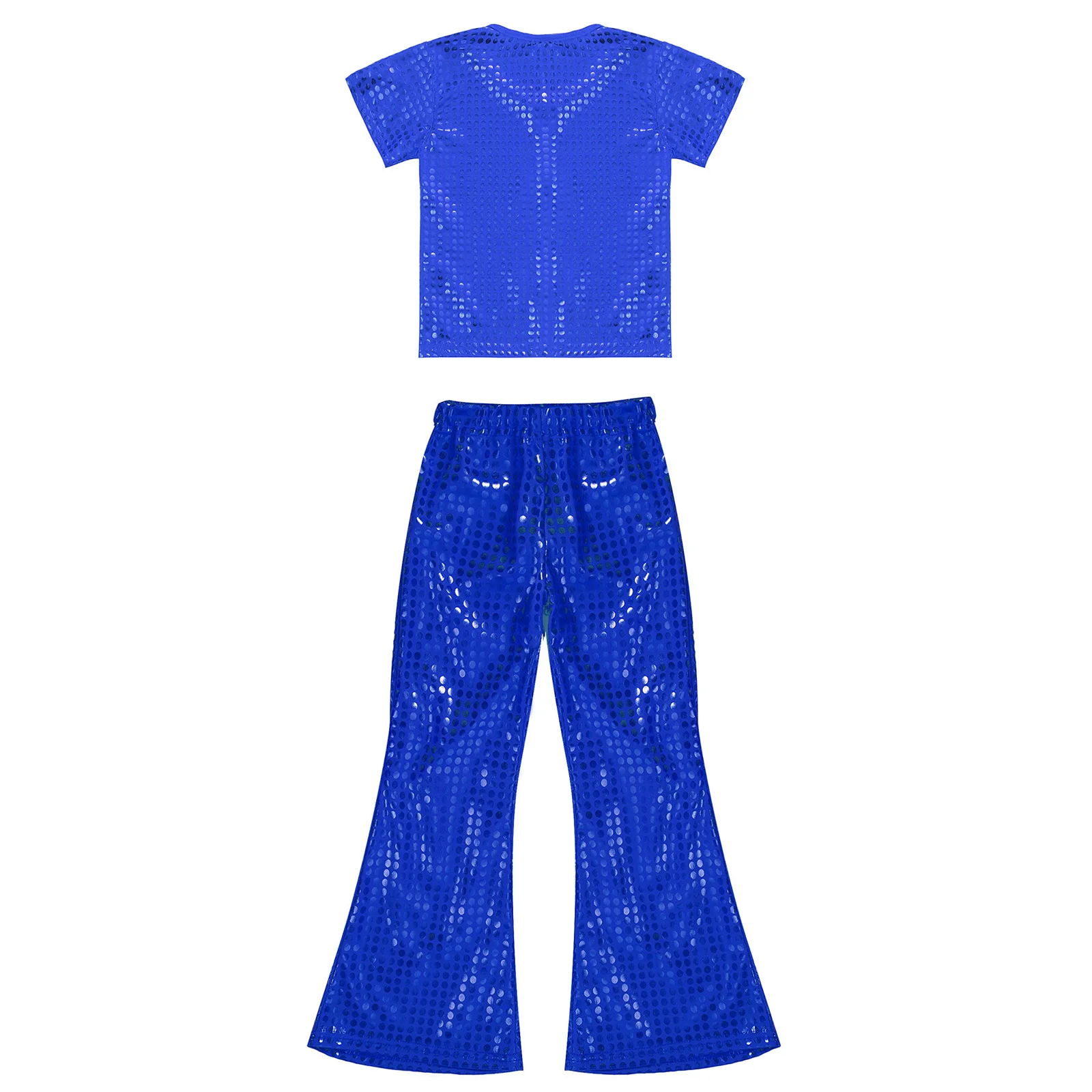 Kids Boys Girls Hip Hop Jazz Street Dance Outfits Shiny Sequins Elastic Waistband Trousers T-shirt Top Set Performance Costume