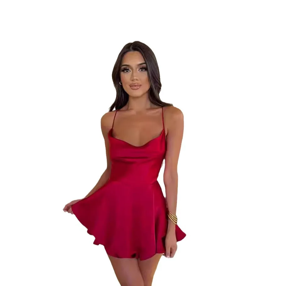 Vestido de cetim com cinta de espaguete feminino, estilinete curto, macacão sem costas, laço cruzado, macacão de bandagem, roupa de rua, moda verão, novo