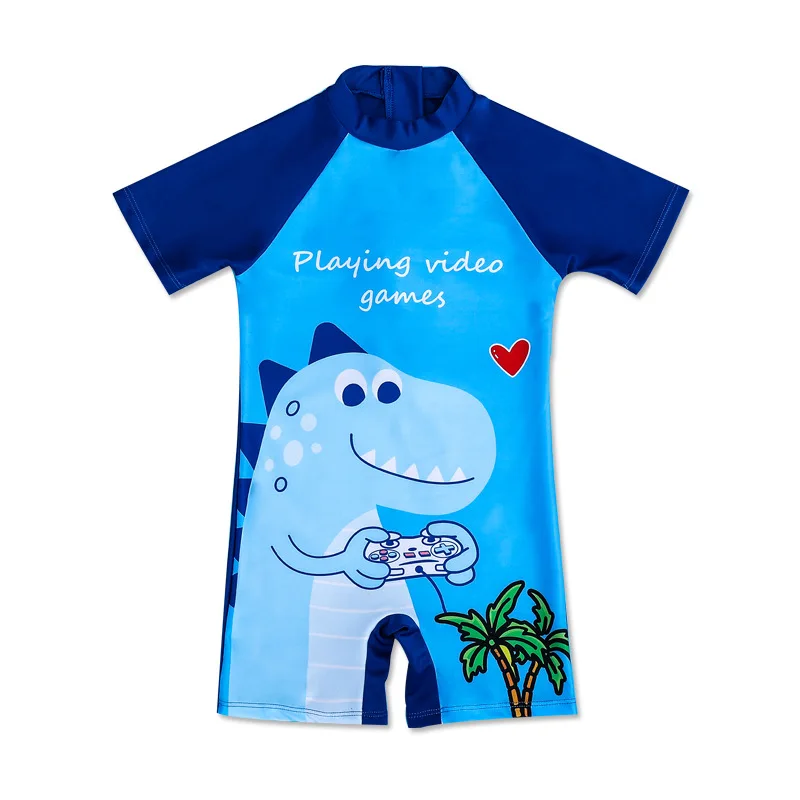 One Piece Swimsuit for Children, Baby Boys, Cartoon Dinosaurs, Short Sleeve, Sunscreen, Quick-drying Swim Cap, Swimwear Set