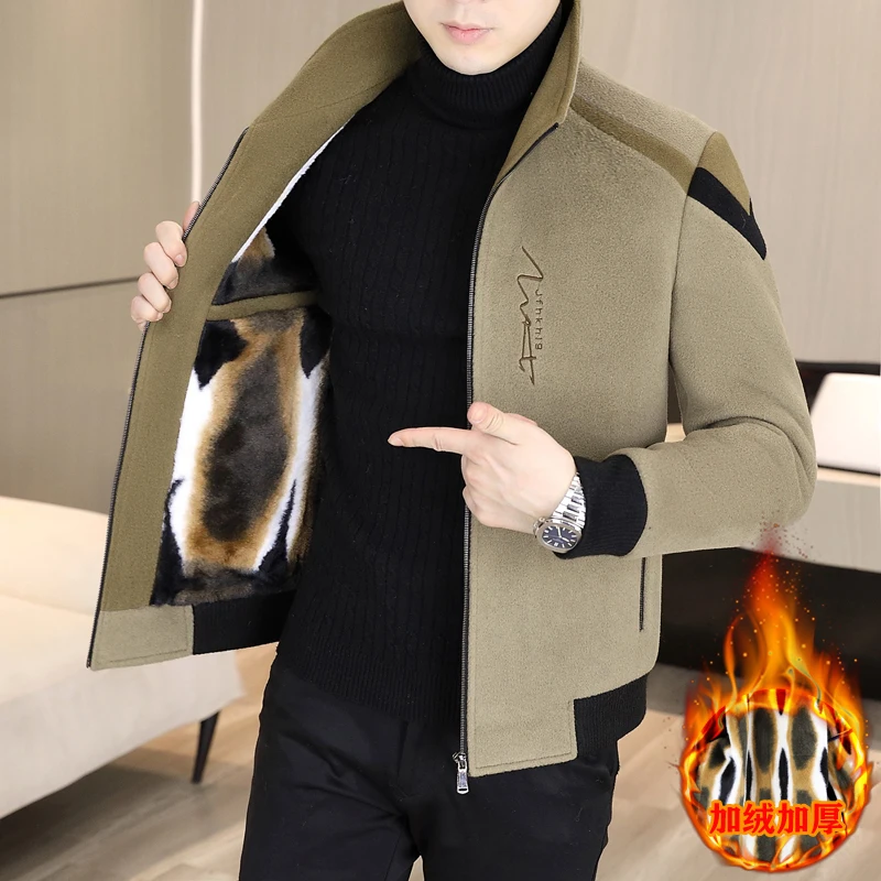

Зимняя сращенная шерстяная куртка для мужчин, толстая теплая повседневная короткая шерстяная куртка с воротником-стойкой, деловая уличная одежда, пальто