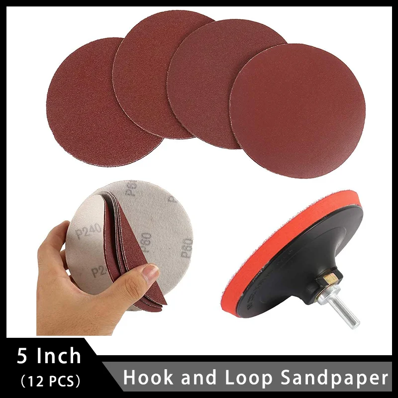 

5-Inch/125mm Hook and Loop Sanding Disc 12Pcs with Backing Pad Assorted 60/80/120/240 Grit for Drill Grinder Rotary Tools