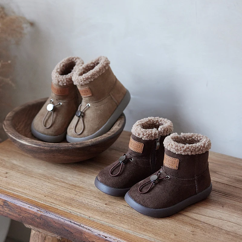

Winter 2025 Lamb Wool Collar Snow Boots Boys Girls Elastic Snow Cotton Retro Suede Children's Plush Warm Shoes Comfortable