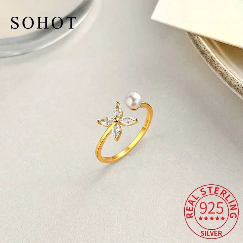 

Real 925 Sterling Silver Flower Zircon Pearl Opening Ring for Charm Women Minimalist Geometric Fine Jewelry Trendy Accessories