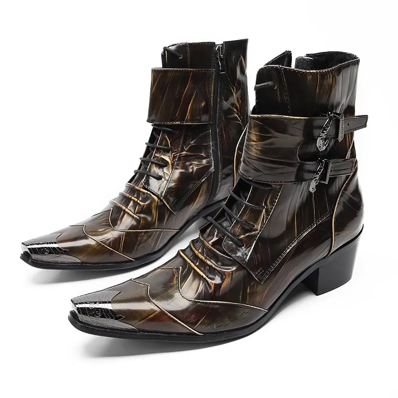 Brand New Genuine Leather Men Boots Luxury Design Metal Toe Belt Buckle Lace Up Zipper Motorcycle Male Short Boots