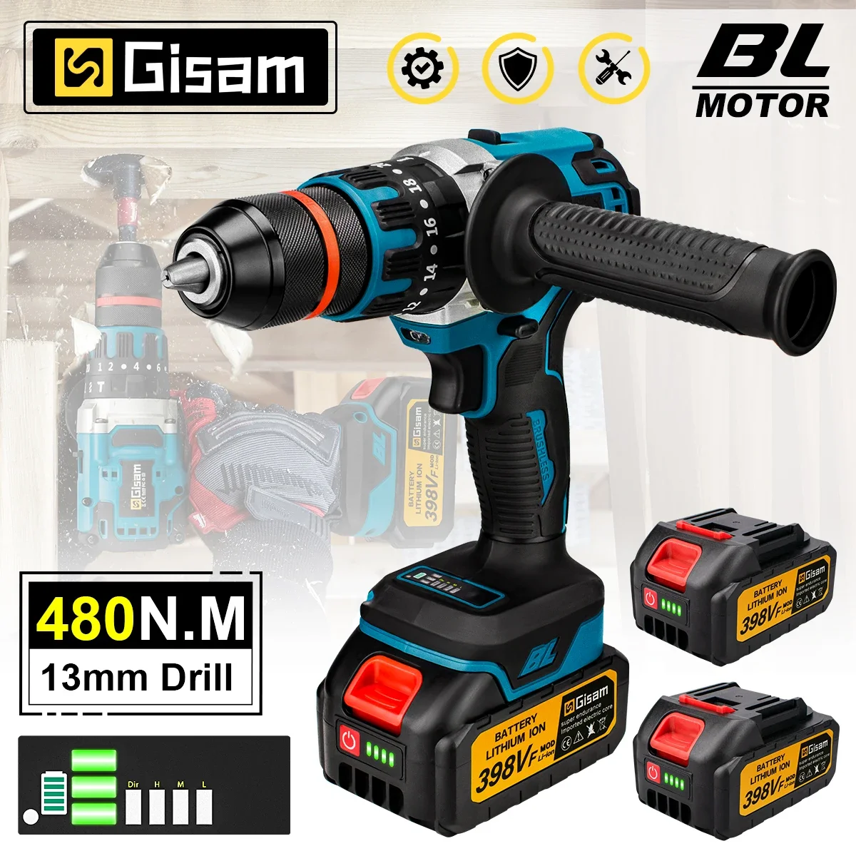 Gisam 650NM Brushless Electric Impact Drill 13MM Cordless Electric Screwdriver Chuck Driver Power Tool for Makita 18V Battery