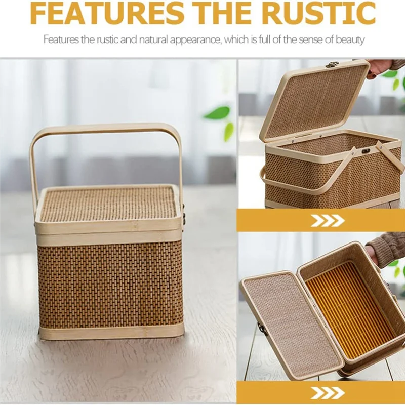 Bamboo Basket Natural -Friendly Woven Basket Bamboo Picnic Basket with Lid Handheld Snacks Bread Storage Basket